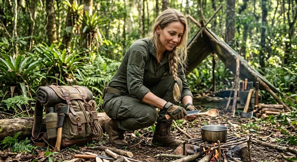 Uma mulher loira, praticando bushcraft em um abrigo provisório. 