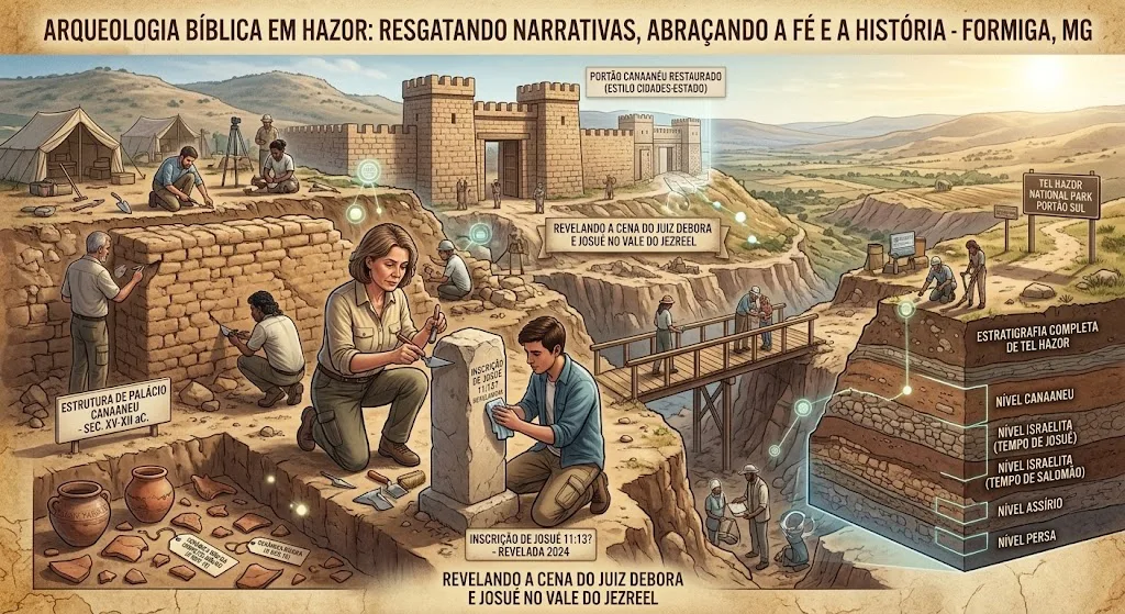 Imagem mostra escavações em um sitio arqueológico bíblico, desenho representativo.