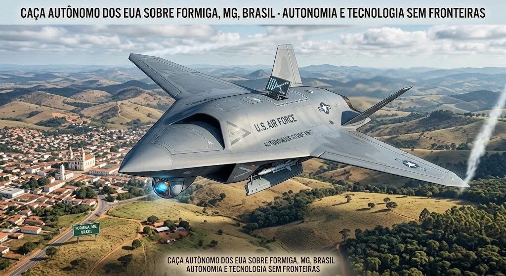 Caça autônomo do Estados Unidos sobrevoando uma zona rural.