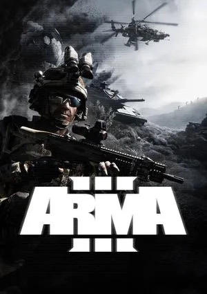 Capa do jogo Arma 3, um soldado armado com um helicóptero sobrevoando o horizonte.