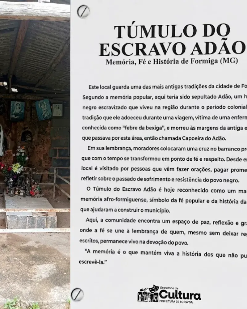 Capela e a placa do tumulo do escravo Adão.