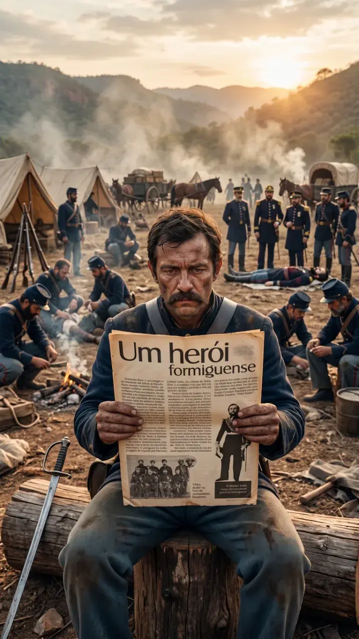 Soldados espalhados socorrendo companheiros e um comandante lendo uma noticia sobre um heroi Formiguense.