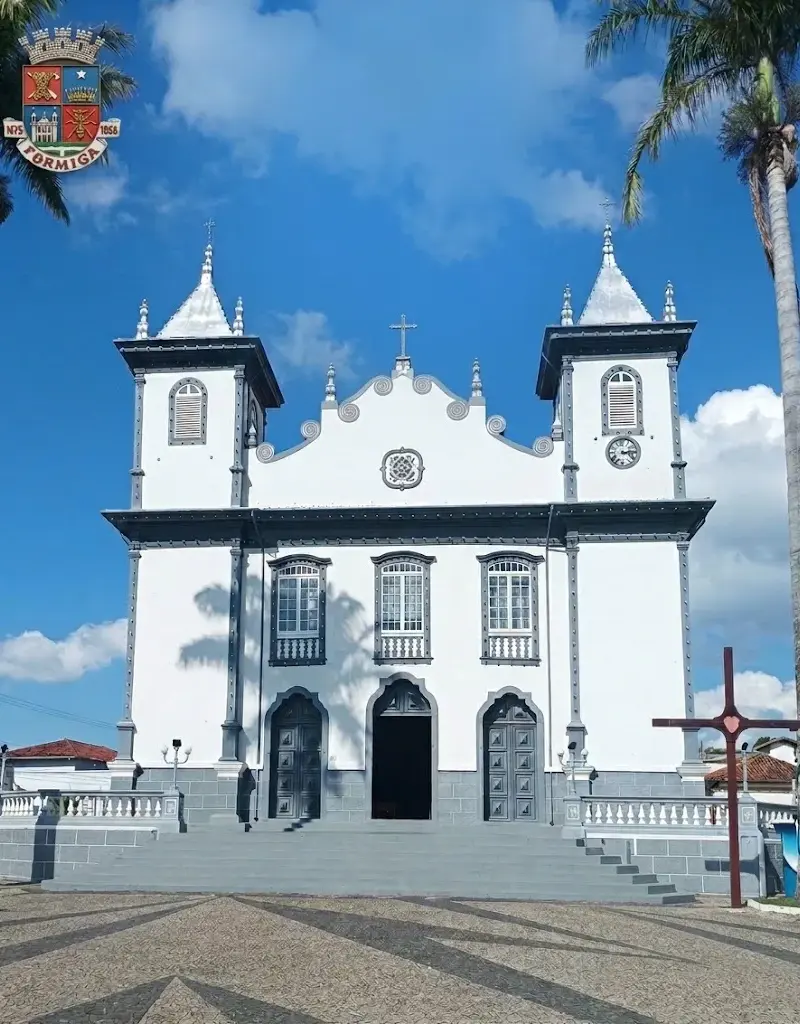 Igreja da Matriz de Formiga MG com símbolo da cidade no canto superior esquerdo.