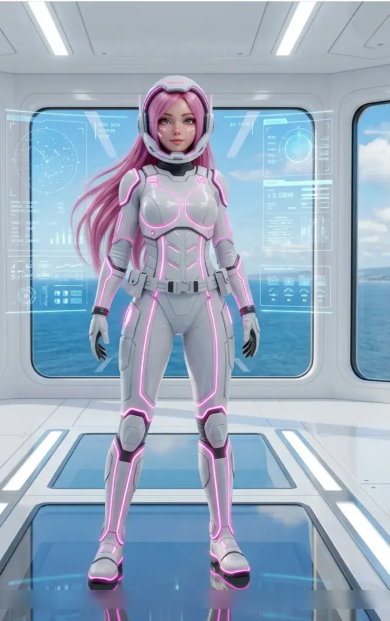 Avatar futurista com roupas espaciais numa nave espacial.