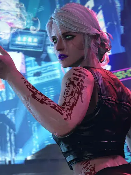 Um avatar de uma mulher loira numa cidade futurista.