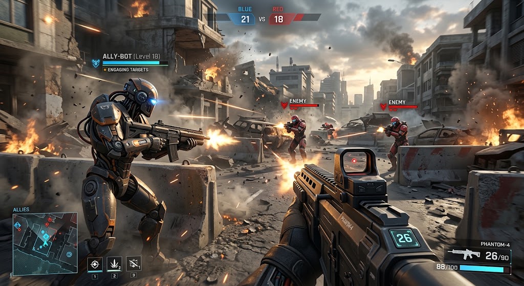 A imagem mostra um jogo de fps usando I.A bot ally