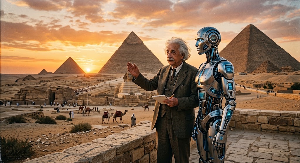 Essa imagem mostra Albert Einsten e uma I.A estudando as pirâmides do Egito.